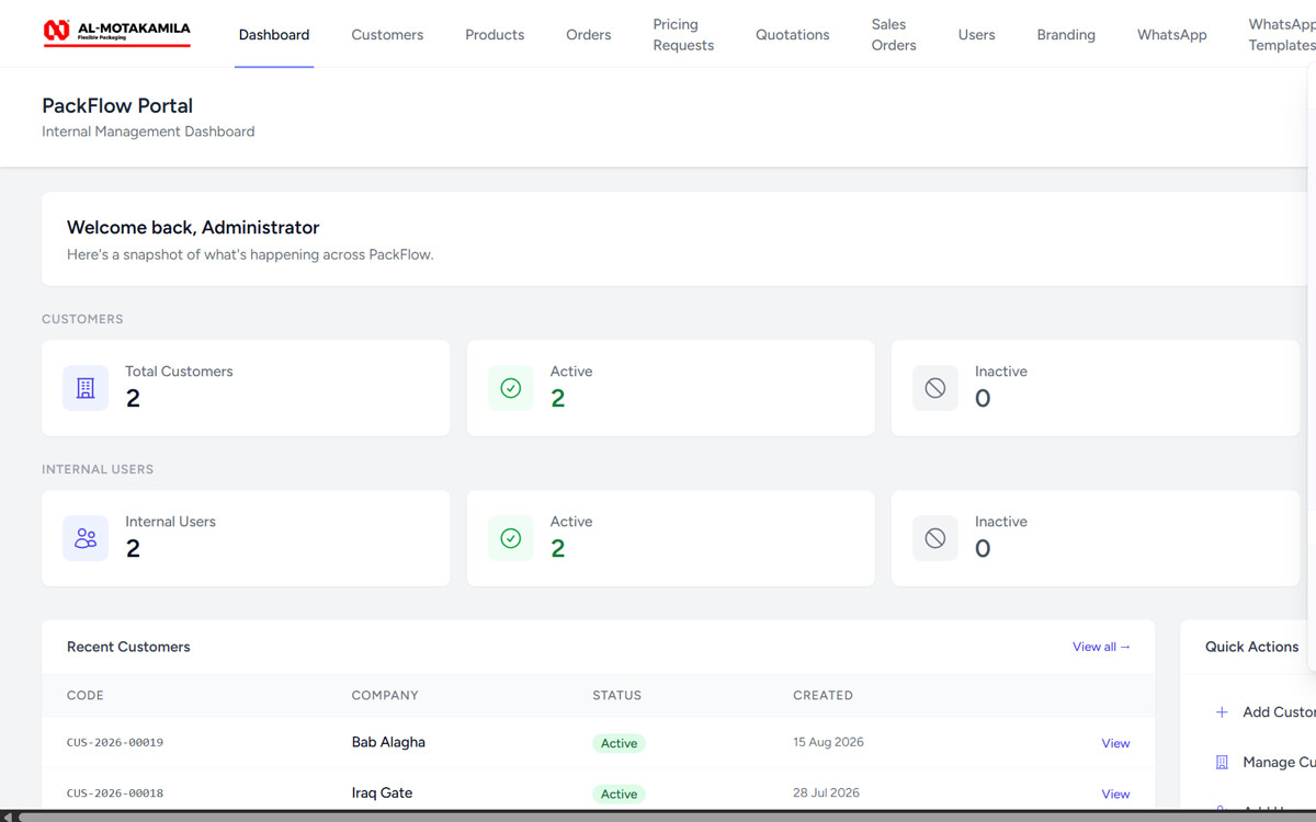 PackFlow Portal internal management dashboard developed for Al-Motakamila Flexible Packaging